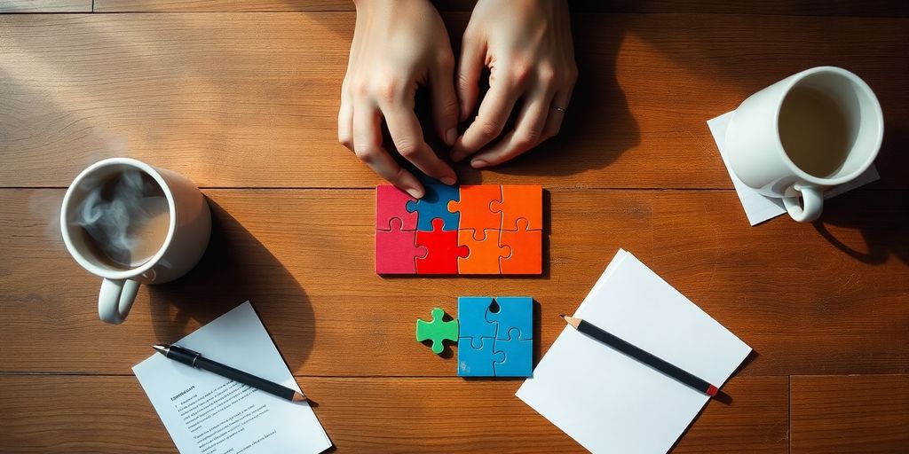 Hands arranging colorful puzzle tiles on table near coffee mug