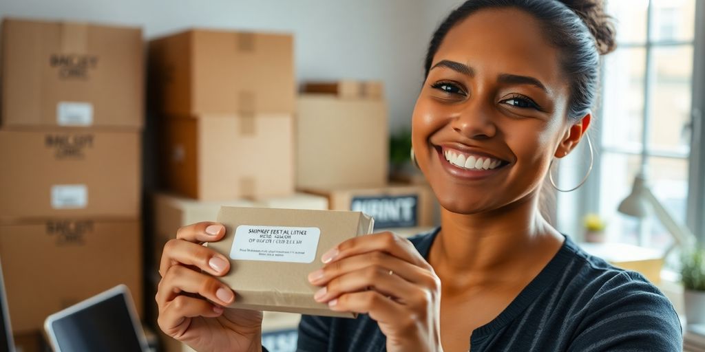 Australian entrepreneur packing a dropshipping order at home.