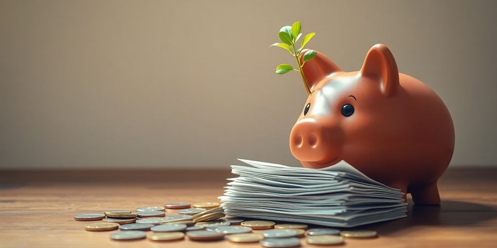 Piggy bank, coins, and a plant growing from money.