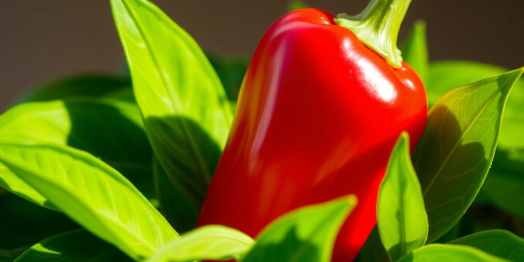 Red chili pepper, green leaves