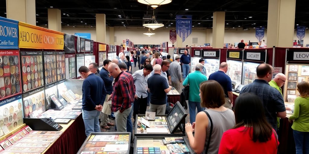 Vendors displaying coins at a Dallas coin show.