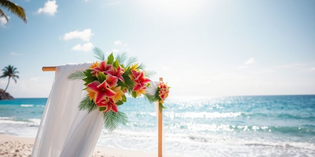 Beach wedding ceremony arch, ocean backdrop.