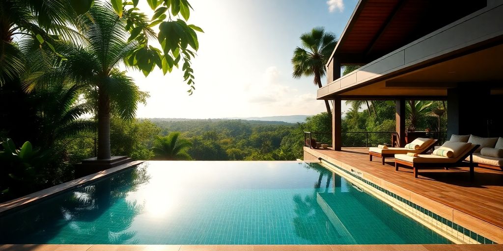 Serene Balinese villa with infinity pool overlooking lush jungle.