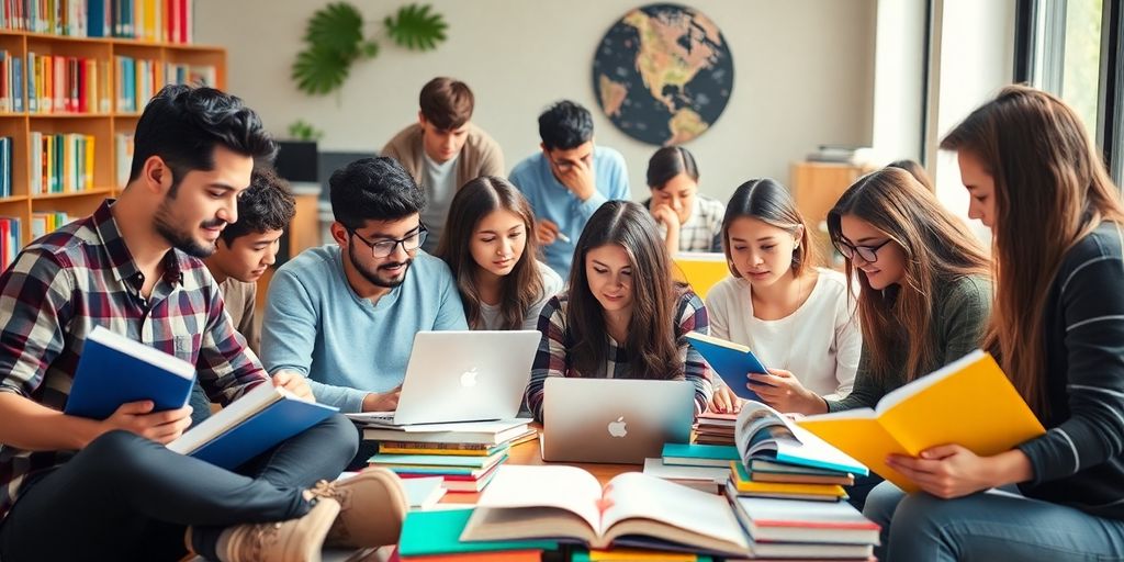 Students studying together with books and laptops.