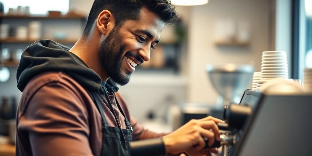 Entrepreneur smiling, operating coffee machine in their cafe.