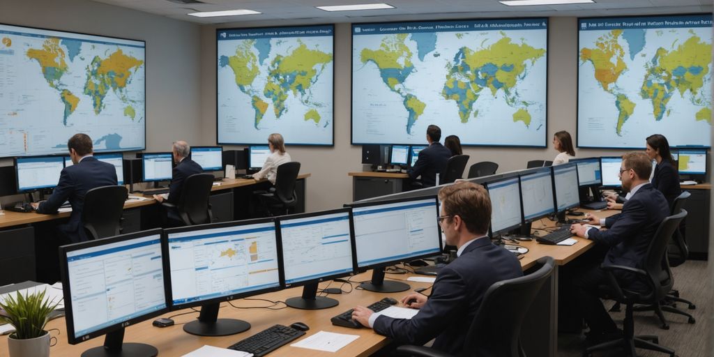 Legal professionals working on digital map with postal codes.