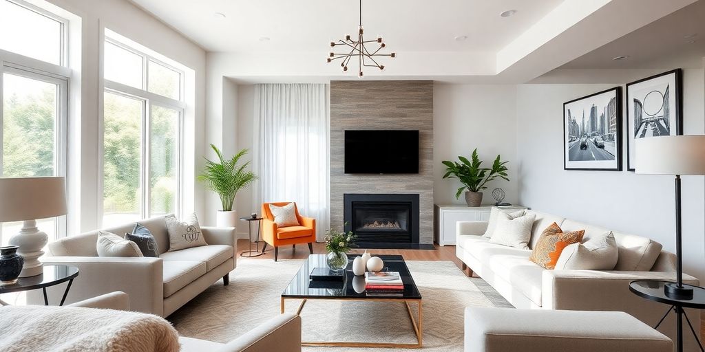Modern living room with stylish decor and natural light.