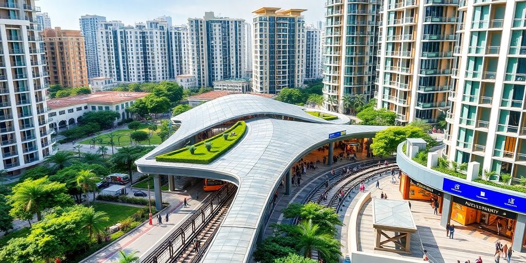 Vibrant MRT station with residential buildings and commuters.