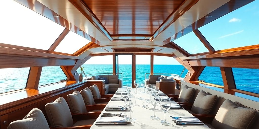 Elegant yacht dining room with ocean view.
