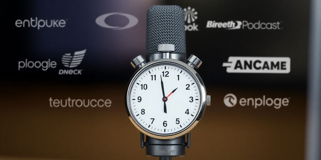 Podcast microphone with stopwatch and competitor logos.