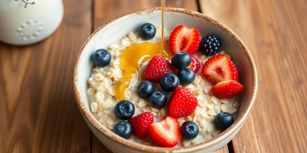 Bowl of steel-cut oats with berries on wooden table.