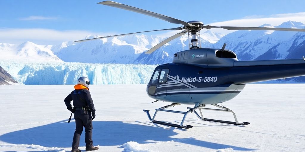 A pilot stands next to a helicopter on a glacier.