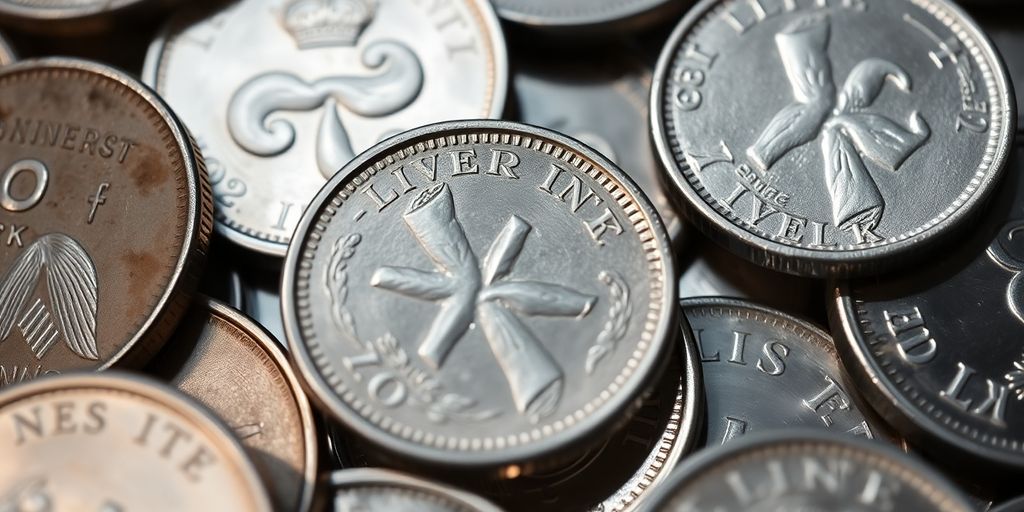 Pièces d'argent brillantes sur un fond sombre.