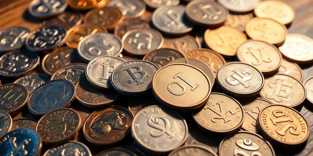 Close-up of assorted coins on wooden surface.