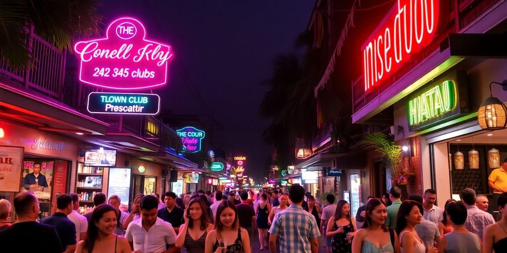 Vibrant Samui nightlife scene with neon lights