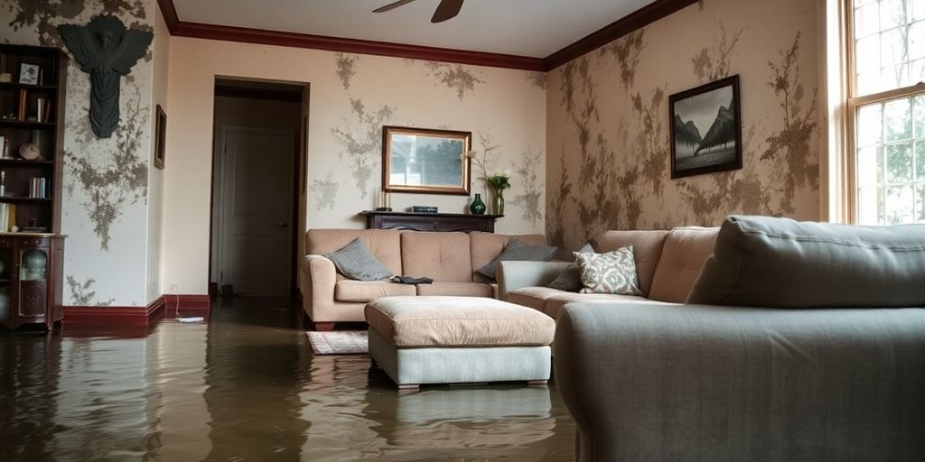 Flooded room with mold damage and waterlogged furniture.