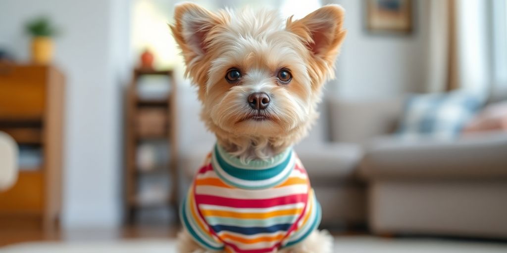 Happy dog wears stylish, custom-fit shirt.