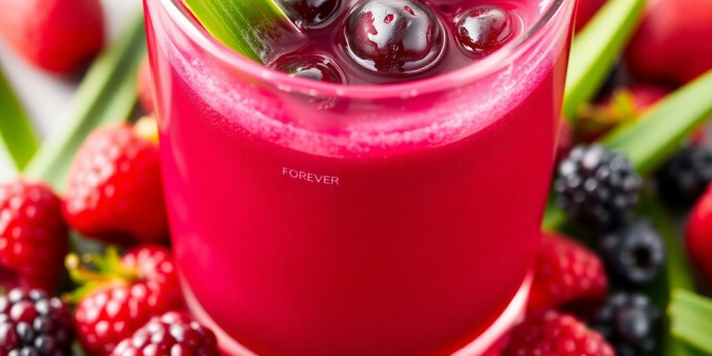Glas met Forever Aloe Berry Nectar en bessen.