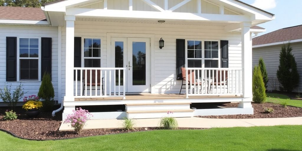 A modern modular home exterior with a landscaped yard.