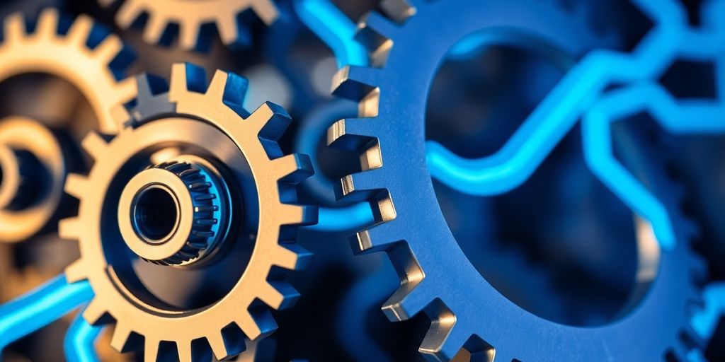 Connected gears and electronic circuits forming a brain.