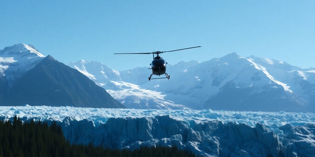 A helicopter flying over a vast Alaskan glacier and mountains.