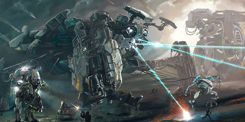 futuristic classroom with robots and students using advanced technology
