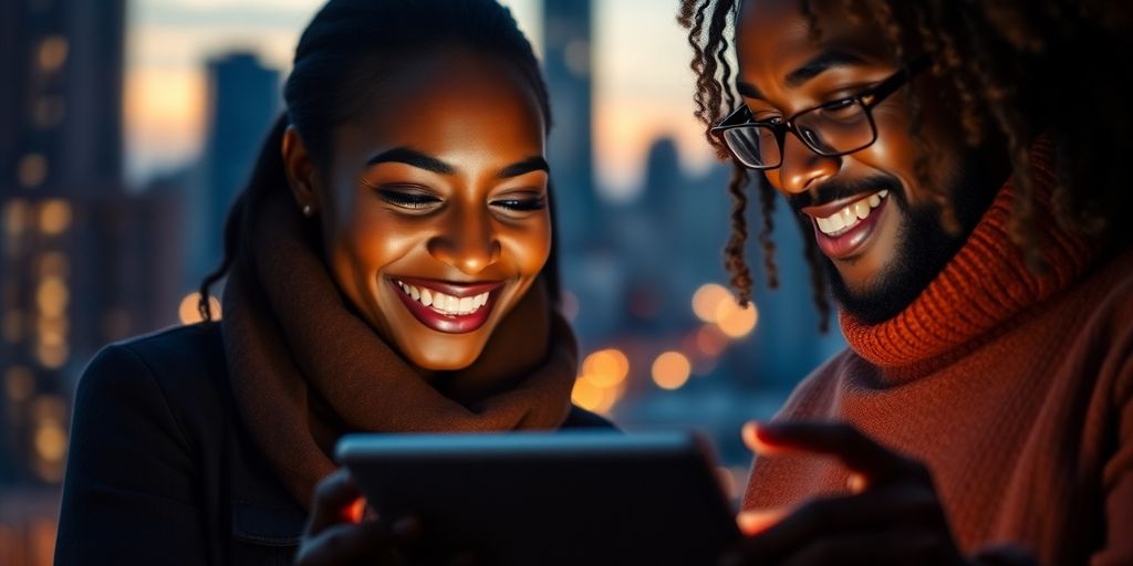 Man and woman safely using online classifieds.