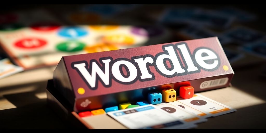 Wordle board game box, dice, and cards