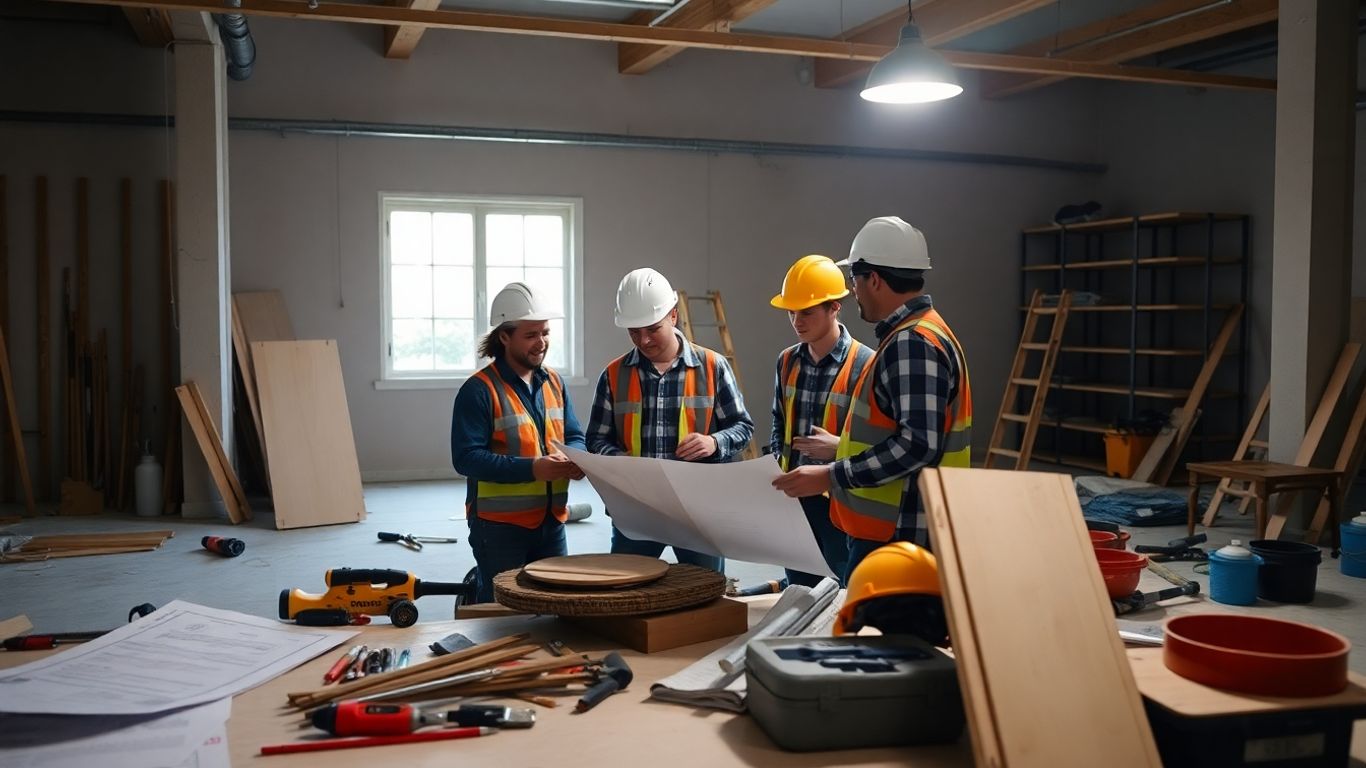 Construction workers collaborating on a home renovation project.