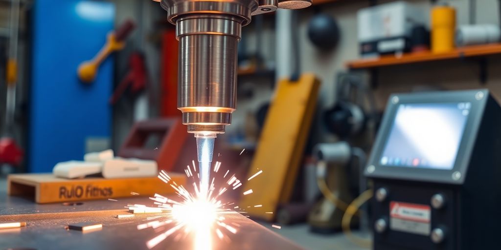 Laser welding process in a workshop environment.