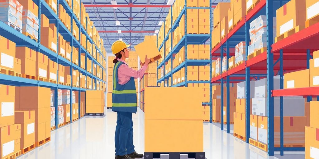 Person organizing boxes in a large warehouse