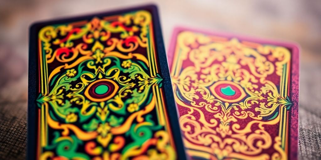 Colorful trading cards on a blurred background.