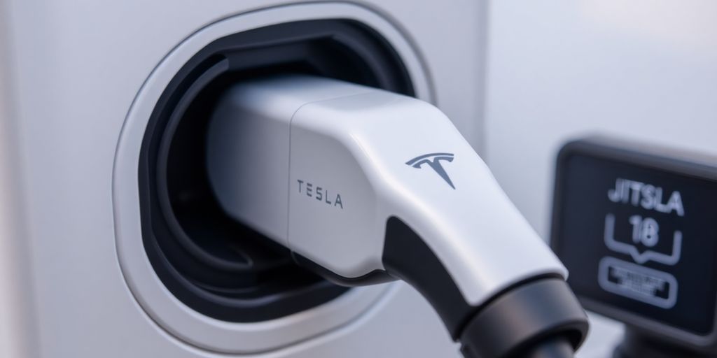Tesla charging adapter connected to J1772 port.