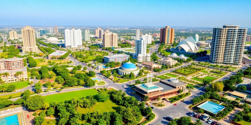 Modern cityscape of Dholera Smart City with green spaces.