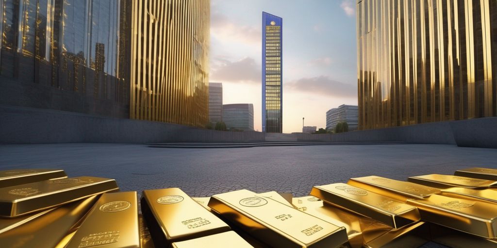 gold bars with European Central Bank building in the background