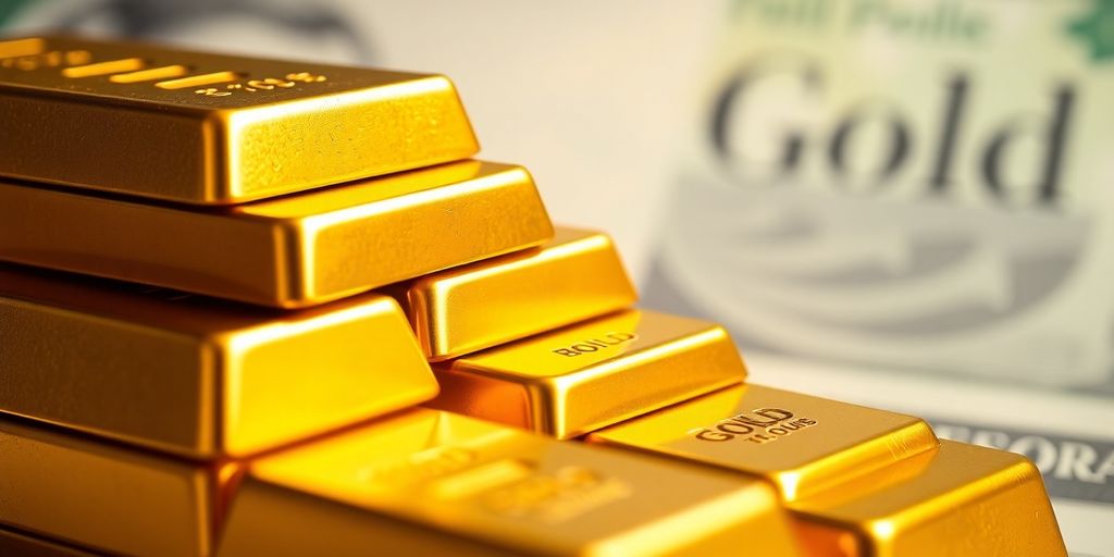 Barres d'or empilées avec un billet flou en arrière-plan.