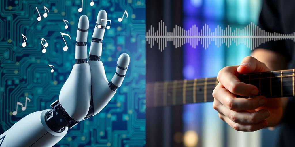 Robotic and human hands creating music, digital and sound wave background.