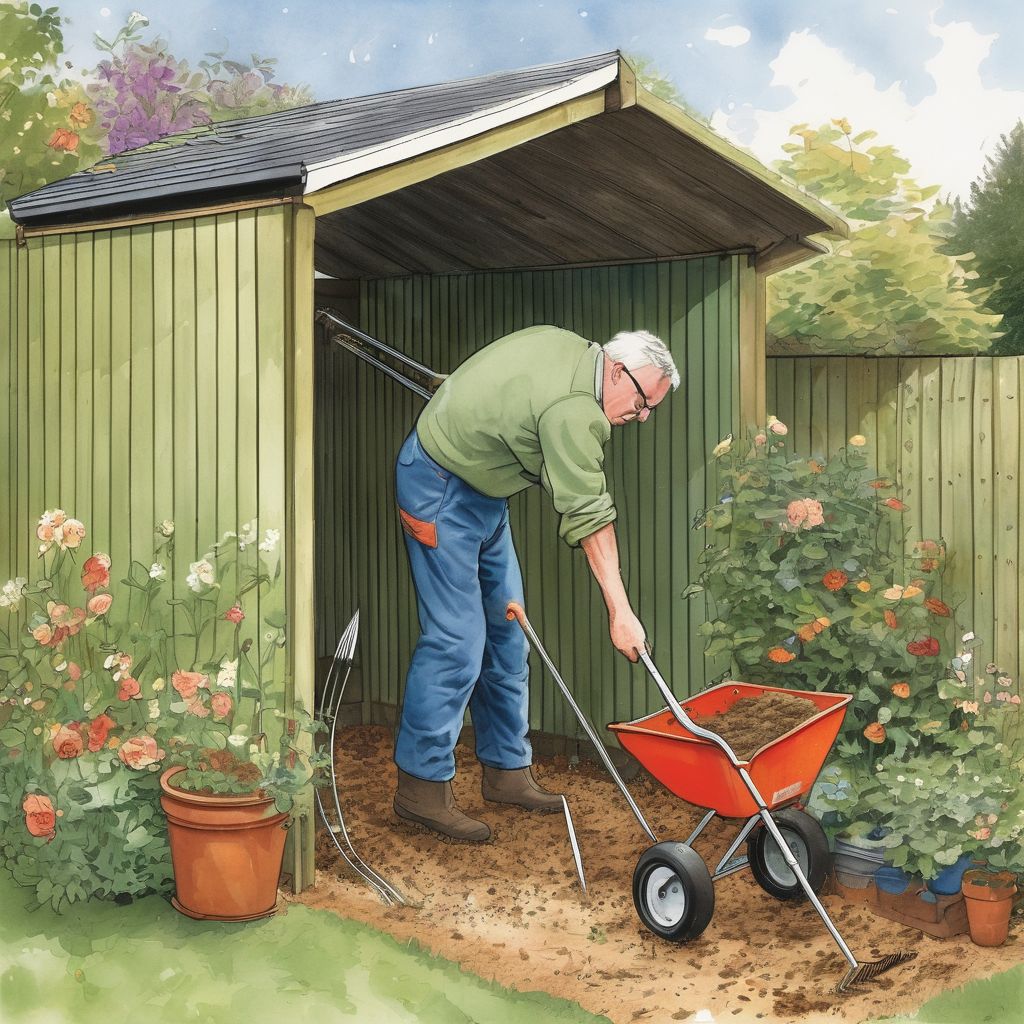 British gardener using a garden rake in a well-equipped shed