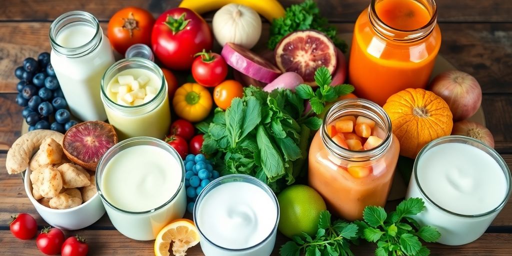 Colorful display of probiotic-rich foods on a table.