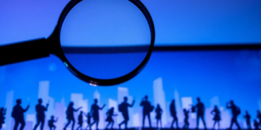 Magnifying glass, diverse people, digital interface.