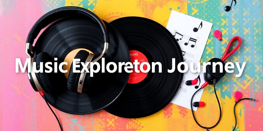 Colorful music collage with headphones and vinyl records.