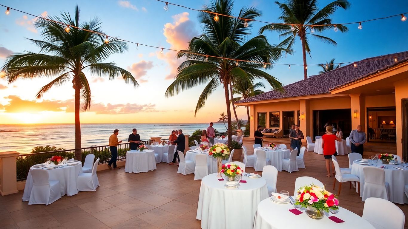 Oceanview villa terrace with tables set for elegant event