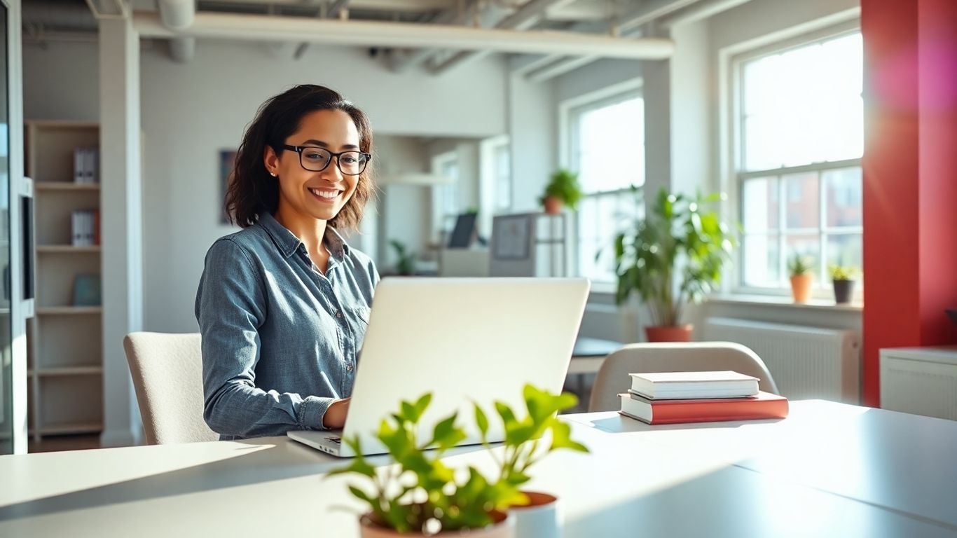 Business professional working on a laptop in a bright office.