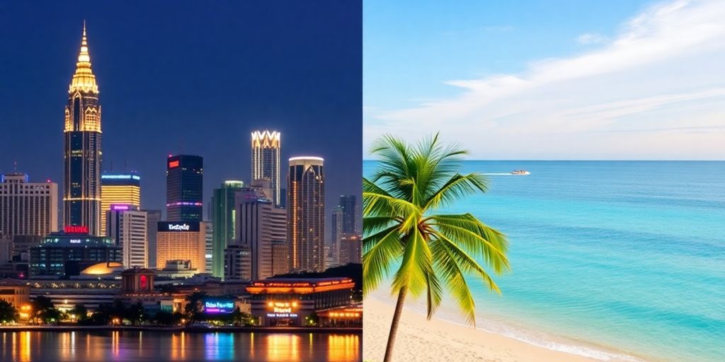 Bangkok skyline and Phuket beach landscape for real estate comparison.