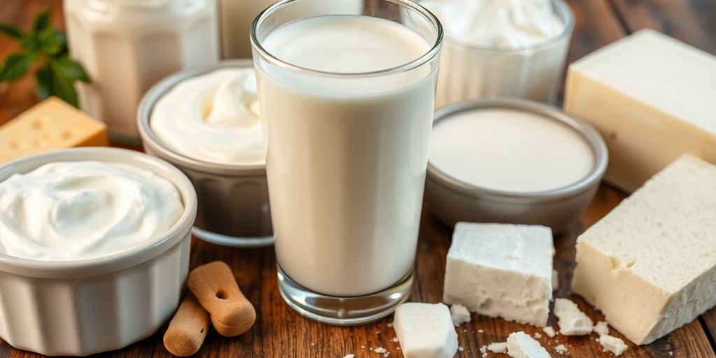 Glass of milk with assorted dairy products on wooden table.