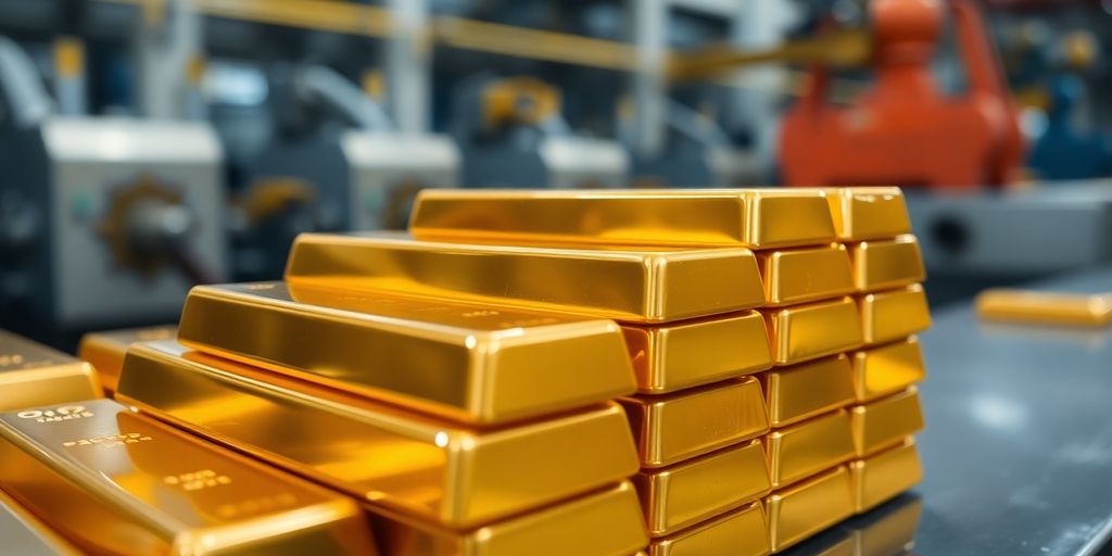 Des barres d'or empilées avec un fond industriel flou.