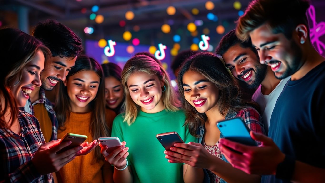 Young people using smartphones with TikTok icons in view.