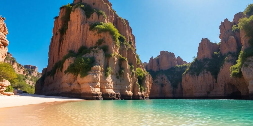 Secluded beach, clear water, rocky canyon, bright sun.