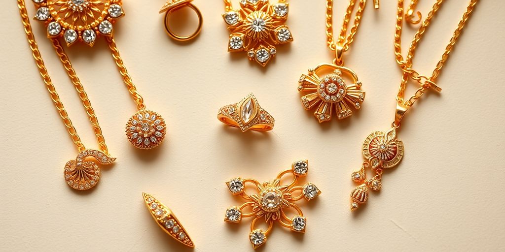 Bijoux en or recyclé brillants sur fond neutre.