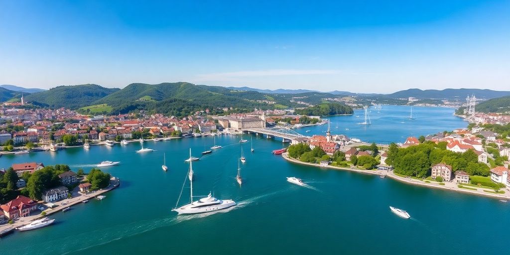 Yachts sailing on beautiful Zurich lakes with scenic backdrop.